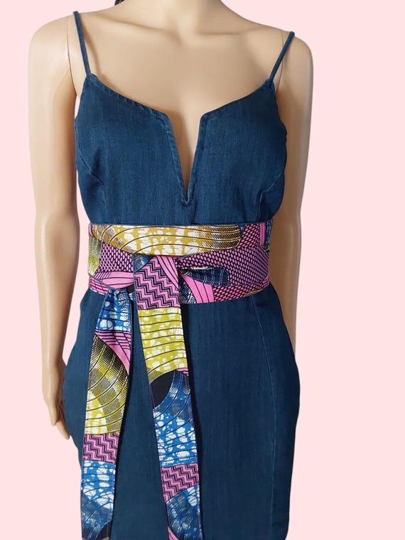 Reversible Denim Obi Belt: African Print Cotton Waist Wrap  display picture 2