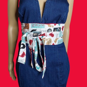 Reversible Obi Belt: Travel Print & Solid Red Cotton Waist Wrap