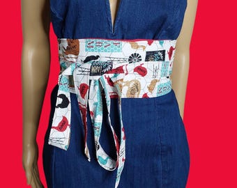 Reversible Obi Belt: Travel Print & Solid Red Cotton Waist Wrap