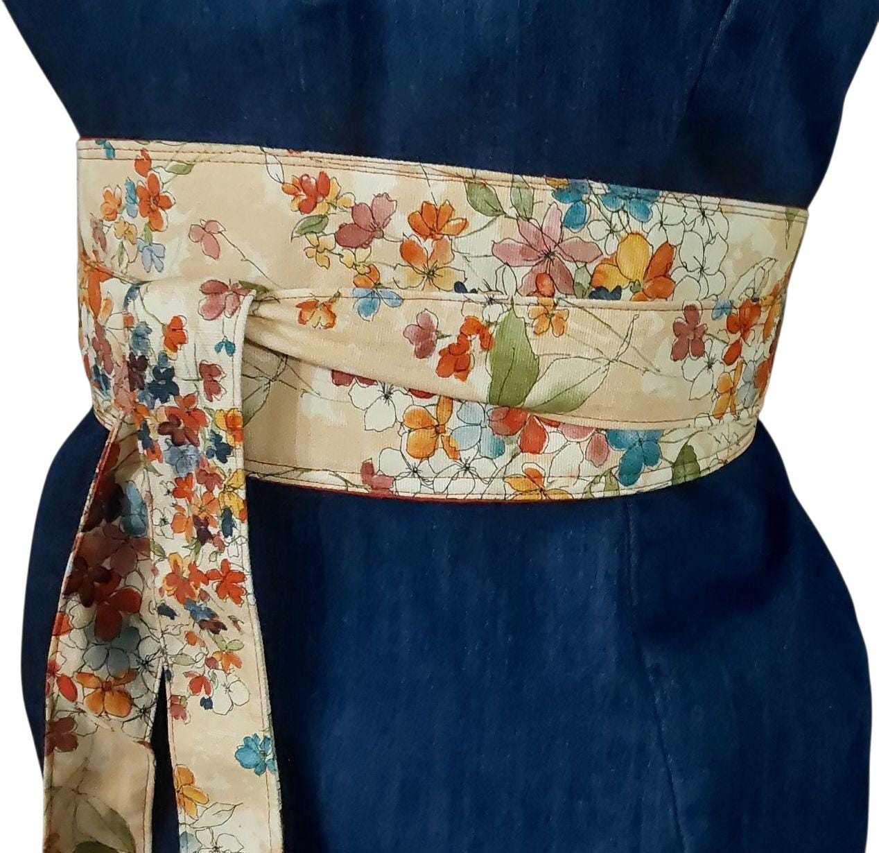 Y2K satin obi waist belt black floral corset wrap whimsygoth Black Obi Waist Belt With Floral Japanese Frieze of  main image 3