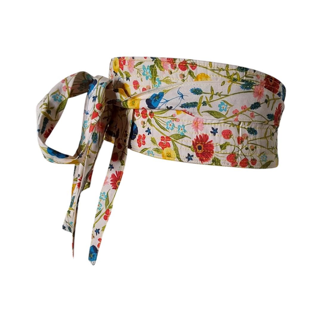Reversible Floral Obi Belt: Handmade Cotton Wrap Waist Tie”