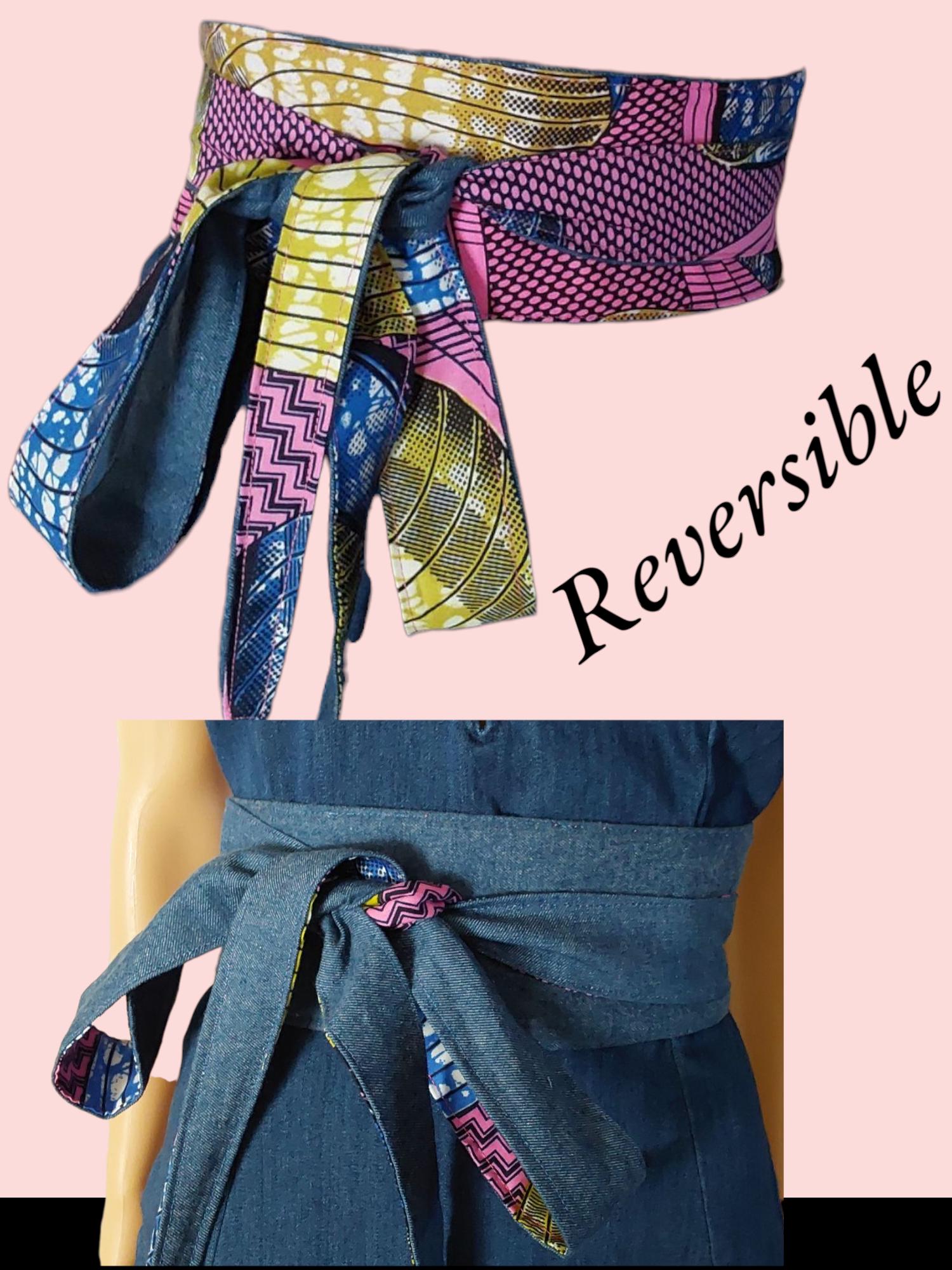 Reversible Denim Obi Belt: African Print Cotton Waist Wrap 