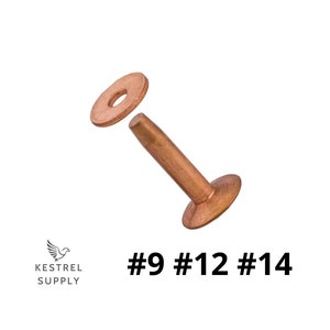 Peut inclure: Un ensemble de trois rivets en cuivre, avec une rondelle, en tailles #9, #12 et #14.
