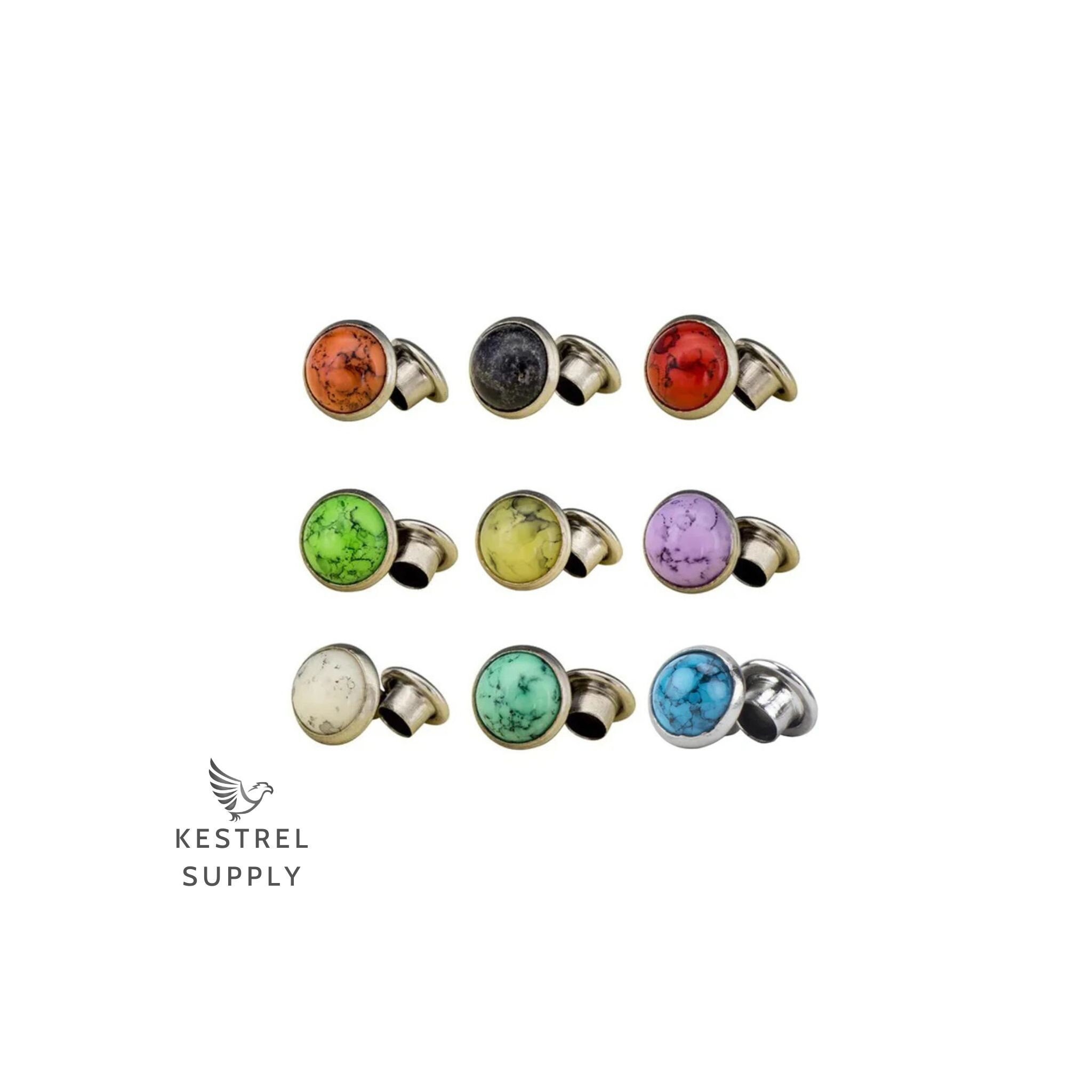Stone Rivets 10 sets - 5mm 7mm 10mm Turquoise/Black/Red/White/Yellow/Green/Purple/Orange - Craft Supplies & Accessories for Leather Projects