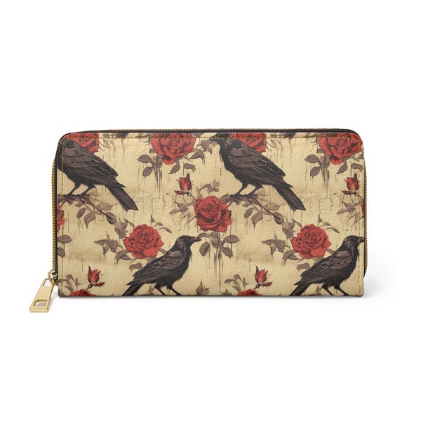 Gothic Crow and Rose on Parchment Rustic Zipper Wallet - Carry Elegance in Every Detail