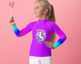 Rash Guard For Girls Neon Purple and Blue with Unicorn