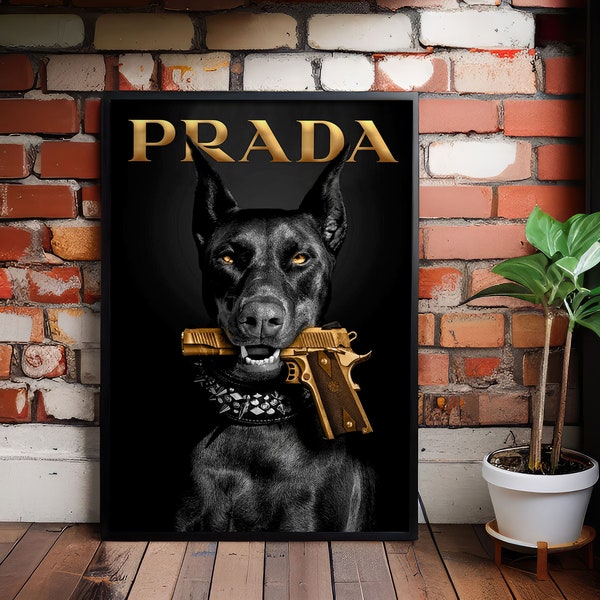 Luxe modeposters - Designer kunst aan de muur - Luxe kunst voor kamer, Doberman Gun - Luxe modeposter