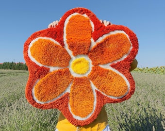 Orange Flower Rug - Orange Tufted Rug - Flower Rug - Housewarming Gift - Washable Rug - Gifts for Her - Mothers Day Gift - Kitchen Rug