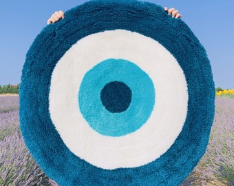 Evil Eye Rug - Blue Circle Rug - Dorm rug - Evil Eye Decor - Rug For Bedroom - Tufted Rug - Blue Evil Eye Rug - Housewarming Gift -Area Rugs