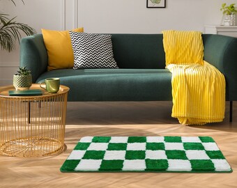 GREEN CHECKERED RUG - Modern Rug- Checkerboard Tufted Rug - Rug for Bedroom - Washable Rug - Housewarming Gift - Gift for Her - Dorm Decor