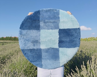 Blue Checkered Tufted Rug - Rug for Living Room - Rug for Bedroom - Dorm Rug - Checkered Rug - Washable Rug - Housewarming Gift - Home Gift