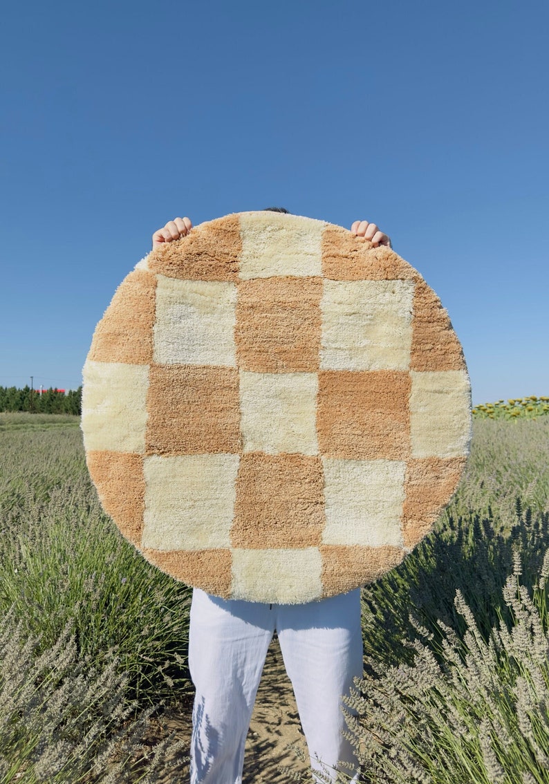 Brown Checkered Tufted Rug Housewarming Gift Contemporary Rug Bedroom Aesthetics Home Gift Checkered Circle Rug Gifts for Him image 1