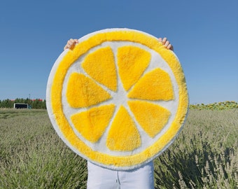 LEMON RUG | Tufted Lemon Rug - Kitchen Rug - Yellow Decor - Housewarming Gift - Bedroom Rug - Washable Rug - Fruit Rug - Gifts for Mothers