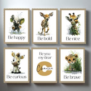 Safari Animal Nursery Wall Art Set – 5 Gender Neutral Prints + Personalized Name Canvas | Elephant Giraffe Zebra Gazelle Lion