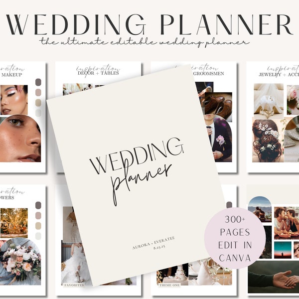 300+ Page Wedding Planner Canva Template Bundle, Itinerary, Notebook, Checklist, Wedding Mood Board,  Wedding Calendar,  Honeymoon Planner
