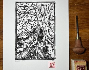 Pagan Ritual Tree 'Rebirth' Linocut Print Original Handmade Art