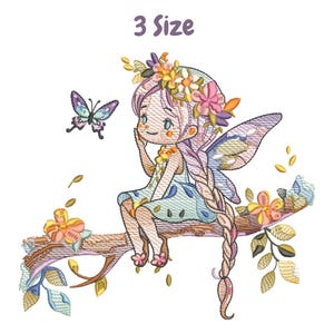 May include: An embroidered design featuring a fairy sitting on a branch with a butterfly. The fairy has a flower crown, long braided hair, and wings. The branch is decorated with leaves and flowers.