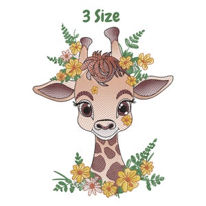 May include: Embroidered design of a cute giraffe with brown spots and a flower crown. The giraffe has large brown eyes and a sweet smile. The flowers are yellow, white, and pink.