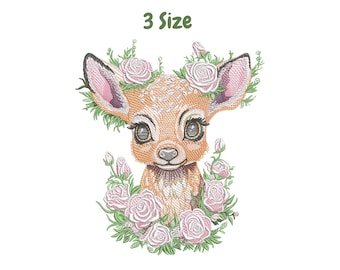 May include: Embroidered design of a fawn with large eyes, wearing a crown of pink roses. The fawn is surrounded by pink roses and green leaves.