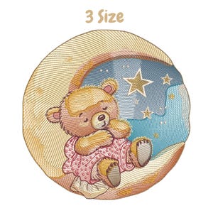 May include: Embroidered design of a brown teddy bear sleeping on a crescent moon with a blue and white starry sky. The design is perfect for a nursery or child's room.