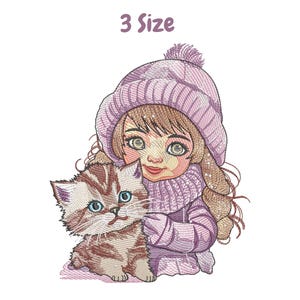 Pode incluir: Uma menina usando um chapéu e uma echarpe roxos segura um gatinho listrado marrom e branco. A menina tem cabelo castanho e olhos azuis. O gatinho tem olhos azuis e está olhando para o espectador.