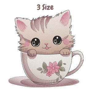 May include: Embroidered design of a cute cartoon cat peeking out of a teacup with pink flowers. The cat is brown and white with pink ears and a pink nose. The teacup is white with a pink floral pattern. The text "3 Size" is above the image.