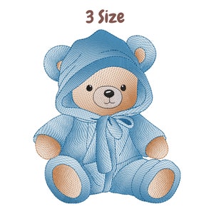 May include: A blue plush teddy bear wearing a blue hooded outfit with a bow tie. The bear is sitting with its legs crossed and has a brown nose and eyes.