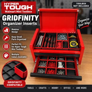 May include: A red metal mini toolbox with an open lid and an extended drawer, featuring black modular Gridfinity organizer inserts filled with various small hardware, tools, and a yellow 12' tape measure. Text includes Hyper Tough and Gridfinity.
