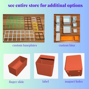 Puede incluir: Una variedad de art&iacute;culos personalizados impresos en 3D, incluyendo placas base, contenedores y recipientes. La imagen muestra varias formas y tama&ntilde;os en verde, blanco, negro, amarillo y naranja. El texto dice "see entire store for additional options."
