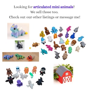 May include: A collection of small, multi-colored articulated plastic animal figures and creatures, including a dragon, octopus, and various fantasy characters, alongside a miniature red and gray barn structure with white door details.