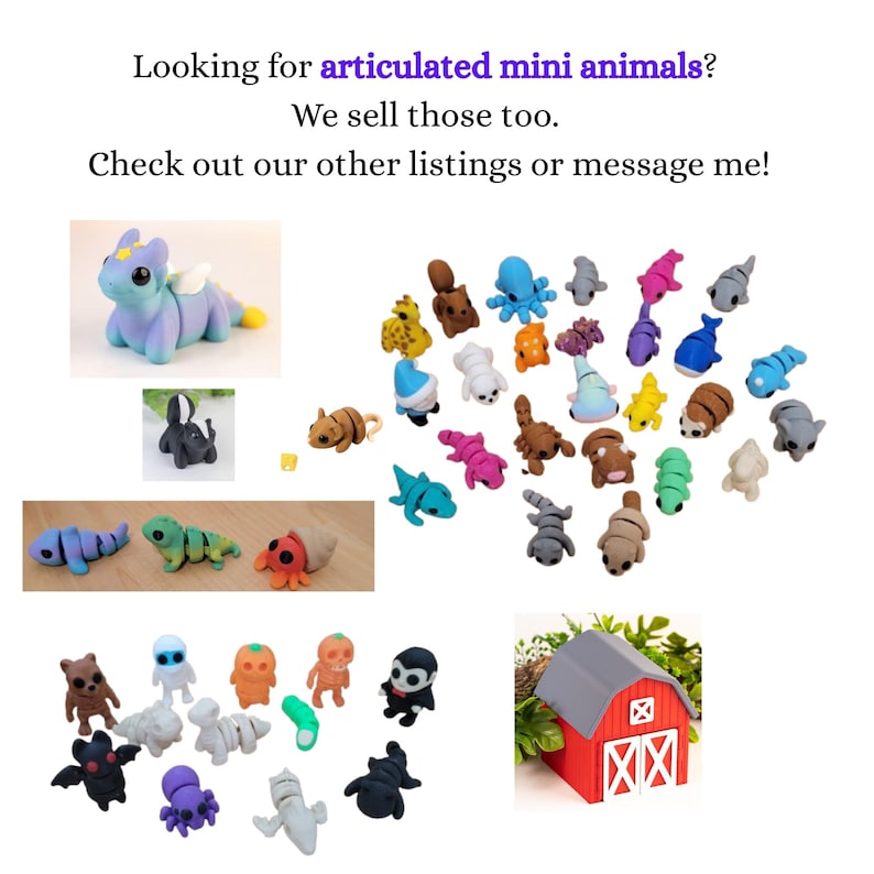 May include: A collection of small, multi-colored articulated plastic animal figures and creatures, including a dragon, octopus, and various fantasy characters, alongside a miniature red and gray barn structure with white door details.