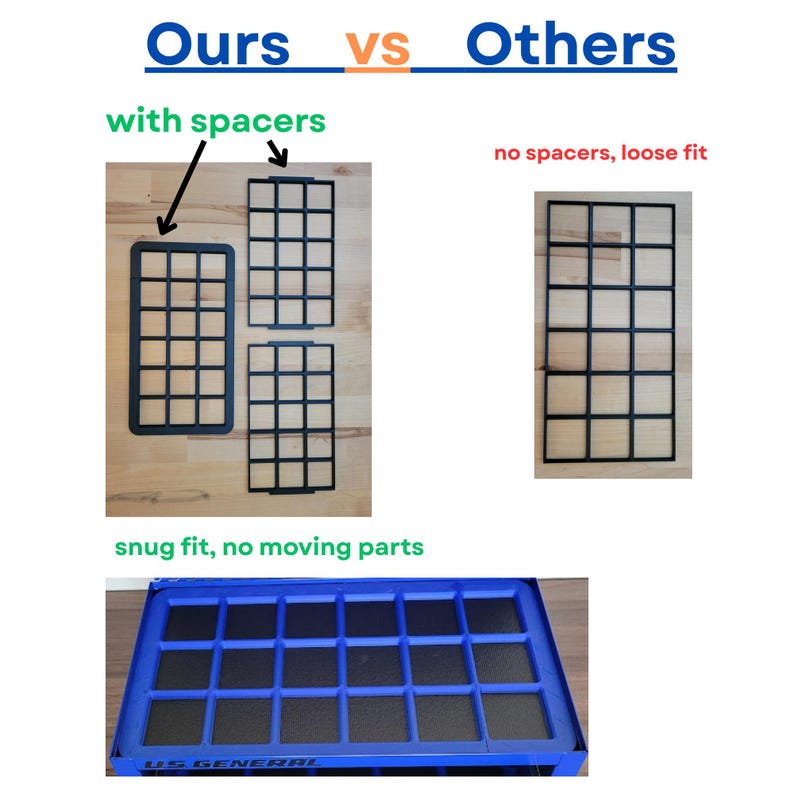 May include: A comparison graphic titled Ours vs Others showing black grid organizers. The left side displays organizers with spacers, while the right shows one without. A bottom image shows a blue tool tray with a snug-fitting black grid organizer.