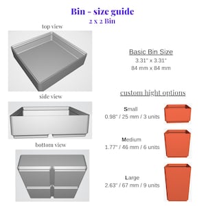 Puede incluir: Gu&iacute;a de tallas para un contenedor 2x2, que muestra vistas superior, lateral e inferior. El tama&ntilde;o b&aacute;sico del contenedor es de 8,4 cm x 8,4 cm. Las opciones de altura personalizadas incluyen contenedores peque&ntilde;os (2,5 cm), medianos (4,6 cm) y grandes (6,7 cm).