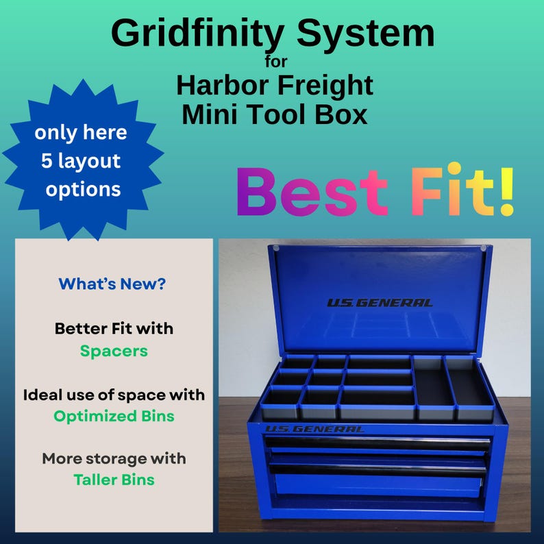 May include: A blue U.S. General mini tool box featuring a Gridfinity system with black storage bins. Text on the image includes Gridfinity System for Harbor Freight Mini Tool Box, Best Fit, only here 5 layout options, What's New, Better Fit with Spacers, Ideal use of space with Optimized Bins, and More storage with Taller Bins.