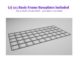 May include: A 5x5 grid baseplate made of metal, measuring 16.53 inches by 8.265 inches. The baseplate is gray and has a slightly textured surface.