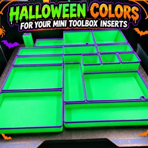 May include: A set of bright green and purple rectangular toolbox inserts arranged in a grid. The text HALLOWEEN COLORS FOR YOUR MINI TOOLBOX INSERTS is displayed at the top with spider web, spider, bat, and jack-o'-lantern graphics.