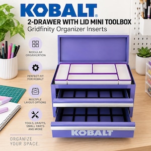 May include: A purple Kobalt 2-drawer mini toolbox with a top lid and white Gridfinity organizer inserts. The unit features two sliding drawers with silver handles and the Kobalt logo printed on the front. The interior contains modular compartments.