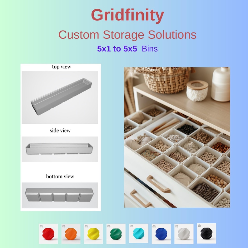 Puede incluir: Un caj&oacute;n blanco con m&uacute;ltiples contenedores de almacenamiento peque&ntilde;os blancos llenos de varios objetos peque&ntilde;os. El caj&oacute;n est&aacute; etiquetado "Gridfinity Custom Storage Solutions 5x1 to 5x5 Bins".