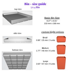 Puede incluir: Diagrama que muestra las dimensiones de un contenedor de 5x4. El contenedor mide 8,27 pulgadas por 6,61 pulgadas, o 210 mm por 168 mm. El diagrama muestra las vistas superior, lateral e inferior del contenedor. El diagrama tambi&eacute;n muestra tres opciones de altura diferentes para el contenedor: peque&ntilde;a (0,98 pulgadas / 25 mm), mediana (1,77 pulgadas / 46 mm) y grande (2,63 pulgadas / 67 mm).