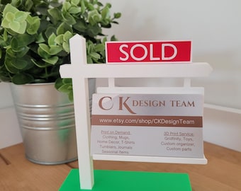 3D Printed Real Estate Sign Business Card Holder – 3D Printed Desk Sign with SOLD Sign, Realtor Gift, Office Display. 3D Printed Desk Decor