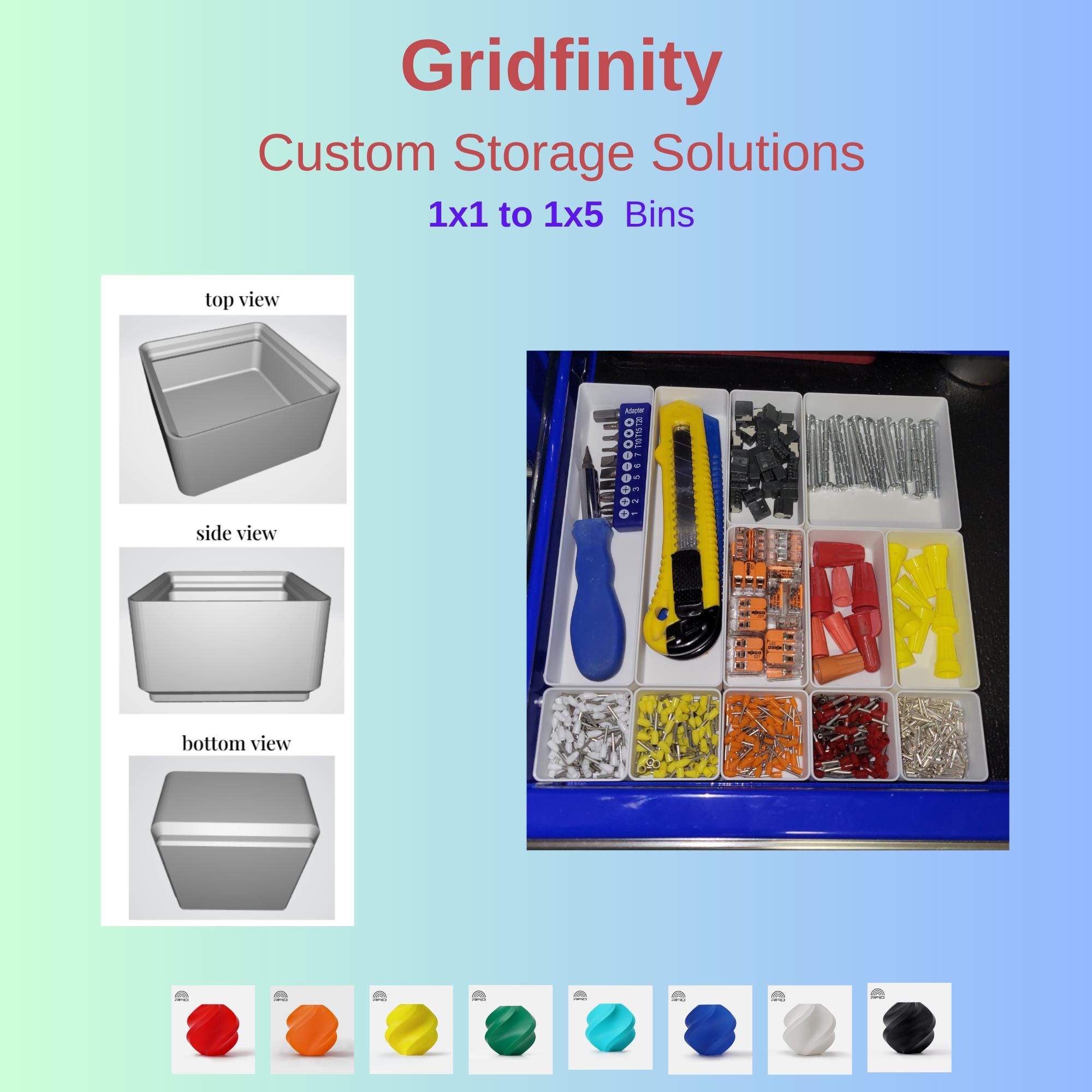 Listing photo: Custom 3D Printed Gridfinity Bins 1x1 to 1x5 | Modular Drawer Organizer for Workshop Garage Office