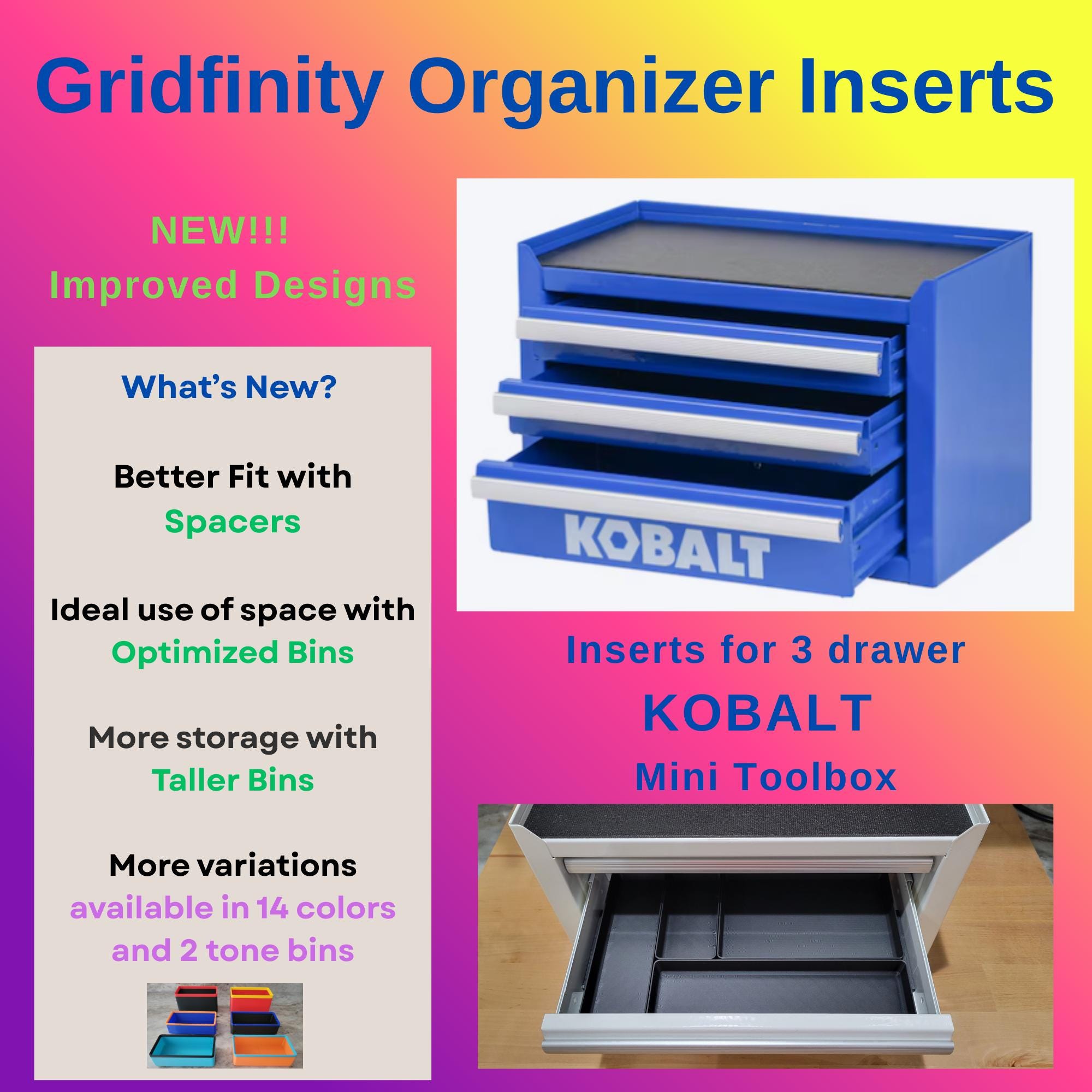Listing photo: KOBALT Mini Toolbox Organizer Set | 3D Printed Gridfinity Insert for 3 drawer model for tools, crafts