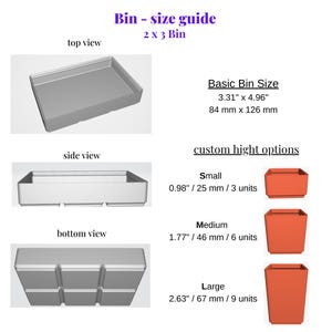 Puede incluir: Una gu&iacute;a de tama&ntilde;os de contenedores con vistas superior, lateral e inferior de un contenedor gris. El tama&ntilde;o b&aacute;sico del contenedor es de 84 mm x 126 mm. Las opciones de altura personalizadas incluyen contenedores peque&ntilde;os (25 mm), medianos (46 mm) y grandes (67 mm).