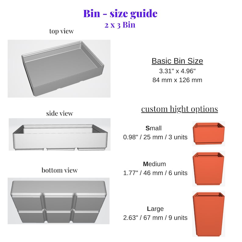 Puede incluir: Una gu&iacute;a de tama&ntilde;os de contenedores con vistas superior, lateral e inferior de un contenedor gris. El tama&ntilde;o b&aacute;sico del contenedor es de 84 mm x 126 mm. Las opciones de altura personalizadas incluyen contenedores peque&ntilde;os (25 mm), medianos (46 mm) y grandes (67 mm).