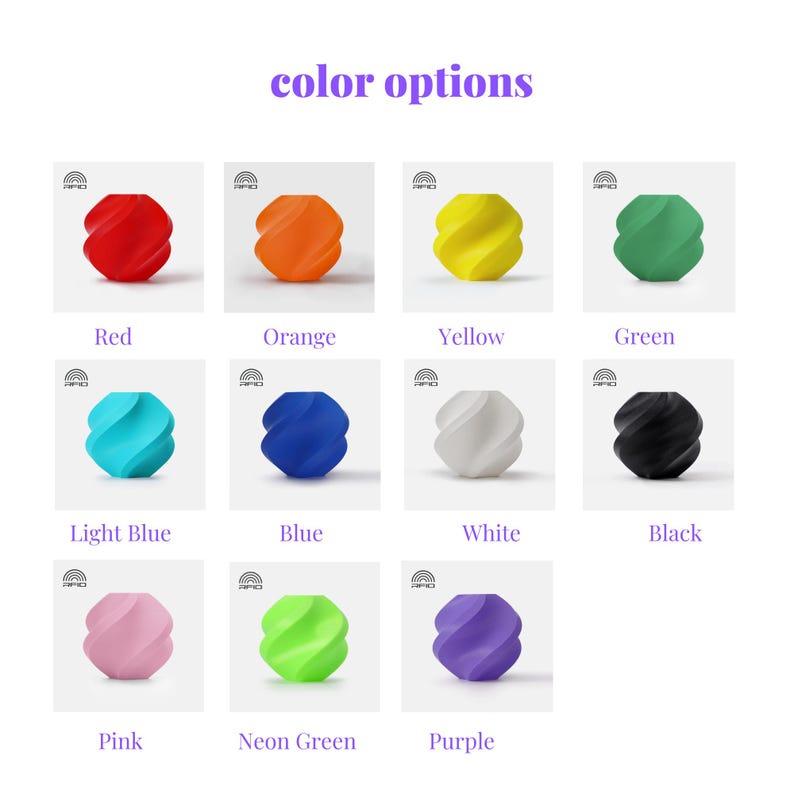 Puede incluir: Una exhibici&oacute;n de objetos abstractos en espiral de varios colores: rojo, naranja, amarillo, verde, azul claro, azul, blanco, negro, rosa, verde ne&oacute;n y morado. El texto "color options" se encuentra en la parte superior.
