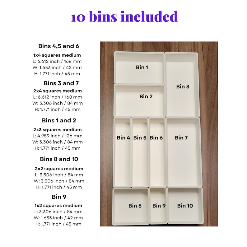 May include: Ten white plastic storage bins with labels indicating their numbers. The bins are arranged in a grid pattern, with the largest bin at the top and the smallest bin at the bottom. The bins are designed to fit together to create a custom storage solution.
