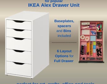 May include: A white IKEA Alex drawer unit with six drawers. The image includes text that reads "Gridfinity System" and "Baseplates, spacers and Bins included." The drawer unit is designed for art, crafts, office, and tools. Multiple colors are available.