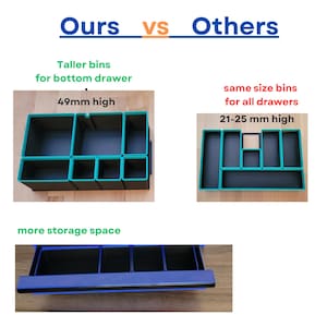 May include: A comparison of drawer organizers with text reading Ours vs Others. The left organizer has taller bins at 49mm high. The right organizer has same size bins at 21-25 mm high. A blue drawer with black bins is shown below with text more storage space.