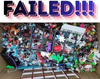 Misprints Box of Failed 3D Prints, Filament Poop, broken articulated animals, PLA Scrap, Prime Towers, Test Prints, failed Gridfinity boxes
