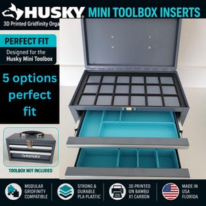 May include: A grey metal Husky mini toolbox with an open lid and two extended drawers. The interior features modular teal plastic inserts arranged in a grid pattern. Text on the image includes HUSKY MINI TOOLBOX INSERTS and 5 options perfect fit.